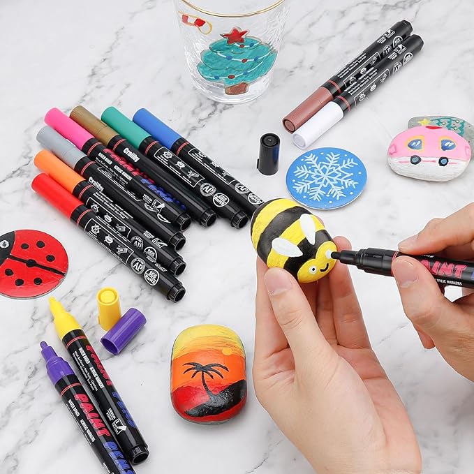 Blue Paint Pens Paint Markers - 12 Pack Permanent Quick Dry Waterproof Marker Pens for Rocks Wood Fabric Plastic Canvas Glass Mugs Metal Tire Stone