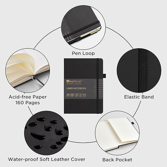 A5 Lined Leather Journal and Pen Set, Hardcover Notebook with Pen, 160 Pages 100gsm Thick Ruled Paper for Men Women, for Work, Business, School or Home Writing, 5.7'' x 8'' (Black-Set1)-DeskLoop Office