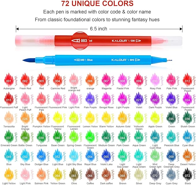 KALOUR 72 Art Markers Pens Set, Dual Tip Brush and Fine Point, Color Number and Name, Zipper Case, Adult Coloring, Lettering, Drawing-DeskLoop Office