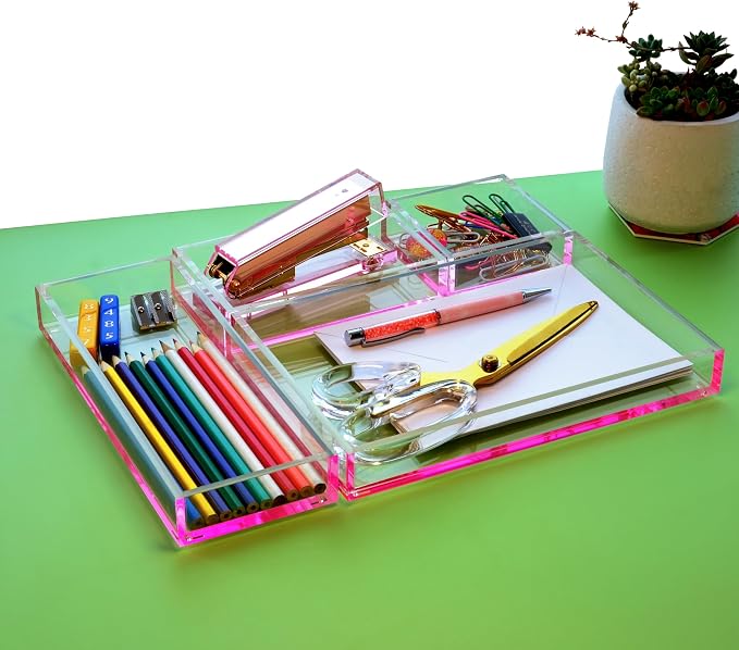 4-Piece Stackable Pink Acrylic Desk Organizer - Image 3