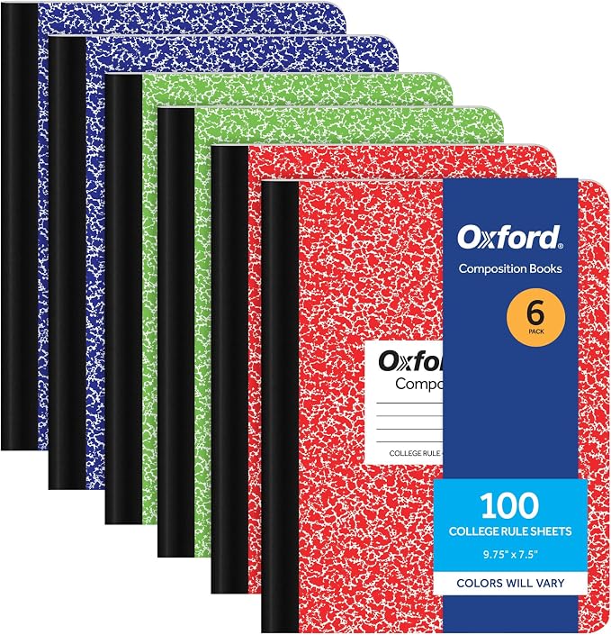 Oxford Composition Notebook 6 Pack, College Ruled Paper, 9-3/4 x 7-1/2 Inches by Oxford