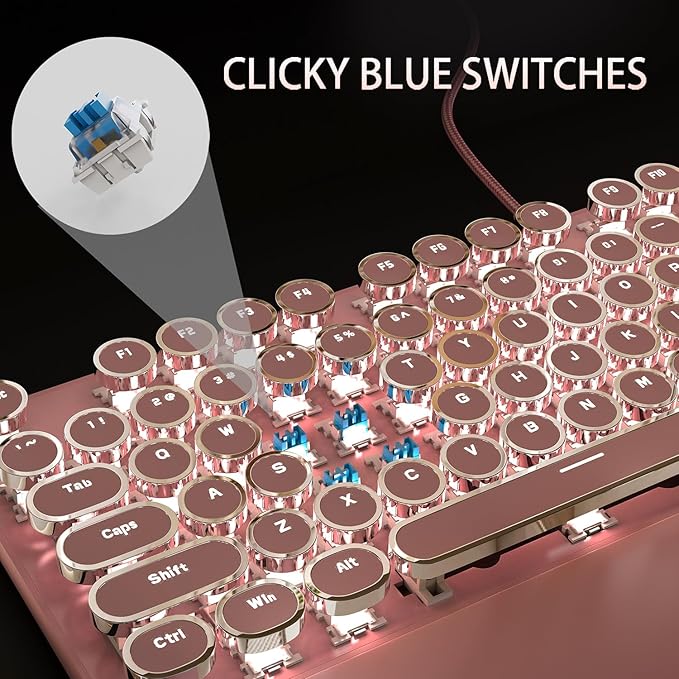 Camiysn Typewriter Style Mechanical Gaming Keyboard, Pink Retro Punk Gaming Keyboard with White Backlit, 104 Keys Blue Switch Wired Cute Keyboards, Round Keycaps for Windows/Mac/PC-DeskLoop Office