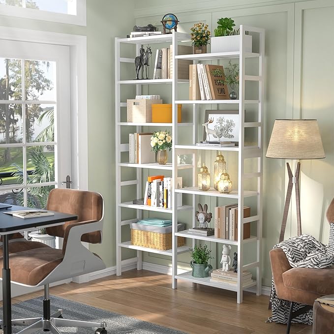 Homykic Double Wide Bamboo Bookshelf White, 6-Tier Large Open Bookcase with 12 Display Shelves, 6ft Tall Freestanding Book Shelf for Home Office, Bedroom, Living Room, Plants-DeskLoop Office