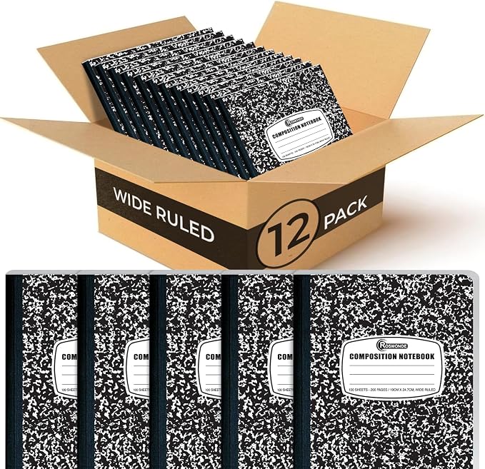 Rosmonde 12 Pack Composition Notebook Wide Ruled Bulk, 200 Pages, 9-3/4 x 7-1/2" by Rosmonde