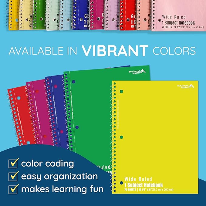 Blue Summit Wide Ruled Spiral Notebooks Bulk, 1 Subject Spiral Notebook Wide Ruled, Paper School Bulk Notebooks, 48 Pack-DeskLoop Office