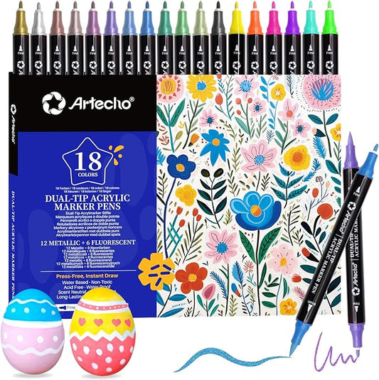 Artecho Acrylic Paint Markers 18 Colors include 12 Metallic + 6 Fluorescent by Artecho