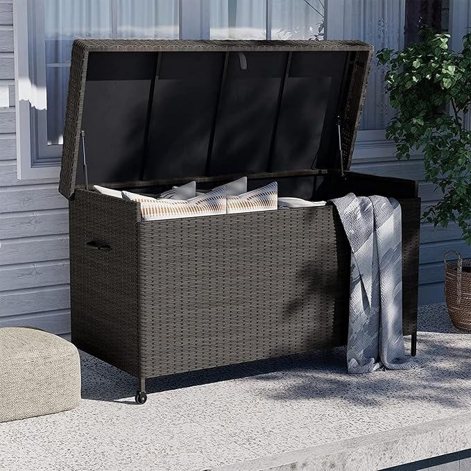 Grand patio 170 Gallon Deck Storage Box Deck Box Outdoor Storage Box Indoor Wicker Storage Bin Patio Storage Box for Patio Furniture Cushions Garden Tools Pool Accessories, Light Brown-DeskLoop Office