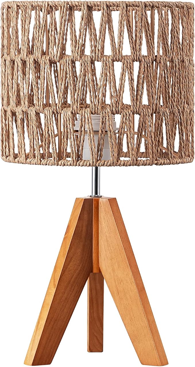 EDISHINE Small Table Lamp, Rattan Wood Tripod Bedside Lamp, Boho Nightstand Lamp - Image 8