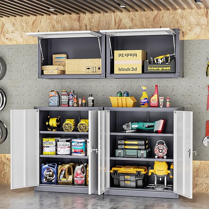 INTERGREAT Metal Cabinet with Lock, Lockable Metal Storage Cabinets with Doors and Shelves for Garage, Grey White Locking Garage Storage Cabinets 36"×32"×16"-DeskLoop Office