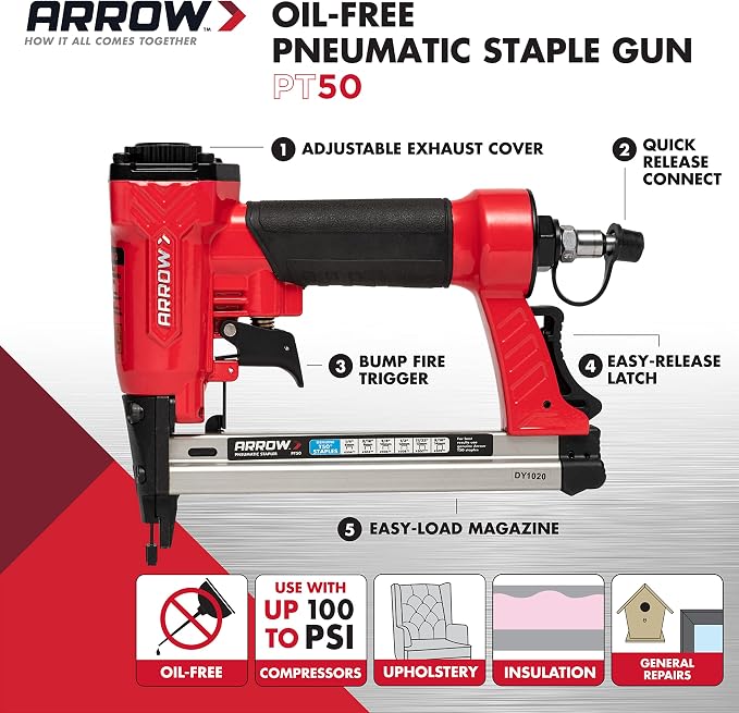 Arrow PT50 Oil-Free Pneumatic Staple Gun, Professional Heavy-Duty Stapler - Image 2