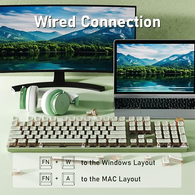 EWEADN V20 Wired Mechanical Keyboard, 104 Keys Backlit LED Keyboards, Media Control Knob, Wired Computer Keyboard Pink Switch for Windows/Mac/PC-Matcha Green-DeskLoop Office