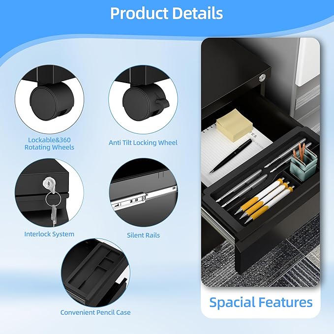 3 Drawer Under Desk Mobile File Cabinet with Lock, Metal Storage Cabinet for Office & Home, Legal/Letter Size, Fully Assembled Except Wheels, Black-DeskLoop Office