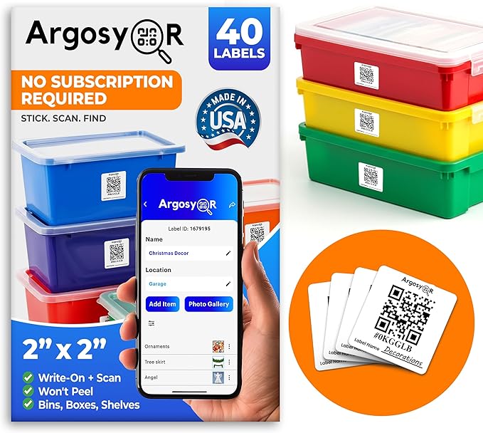Code Smart Labels for Storage Bins – 40 Pack 2x2 Inch – Won't Peel Off – USA by ArgosyQR