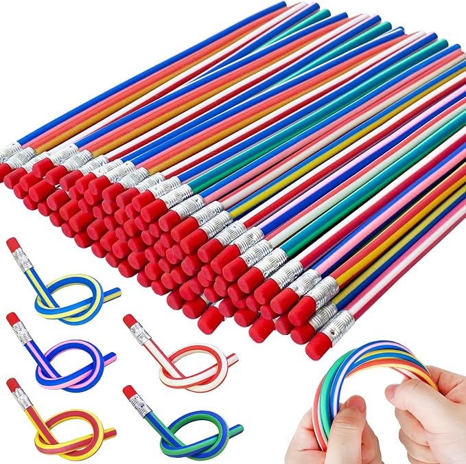 100 Pack Flexible Bendy Pencil, Stripe Rubber Pencil by OJYUDD