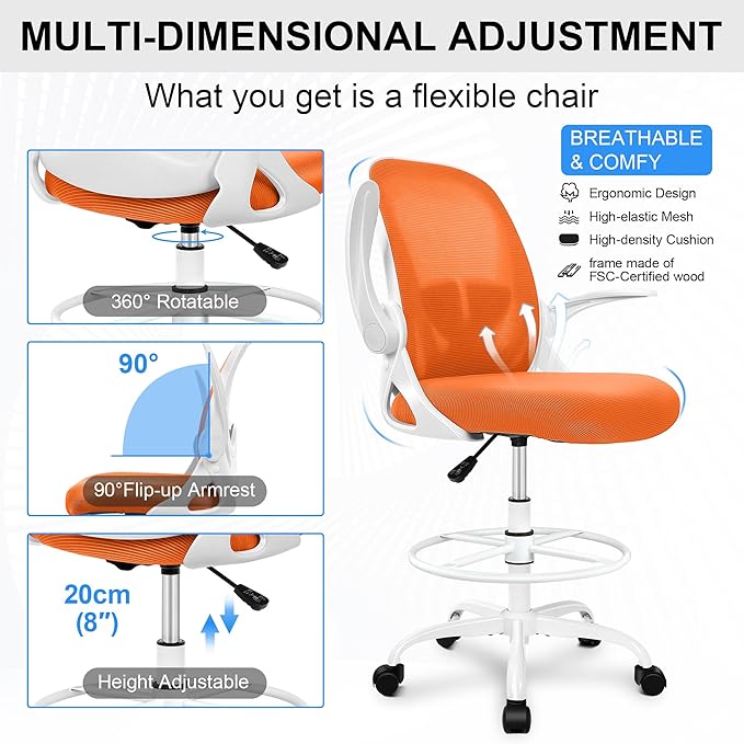 Primy Drafting Chair Tall Office Chair with Flip-up Armrests Executive Ergonomic Computer Standing Desk Chair with Lumbar Support and Adjustable Footrest Ring (Sunset Orange)-DeskLoop Office