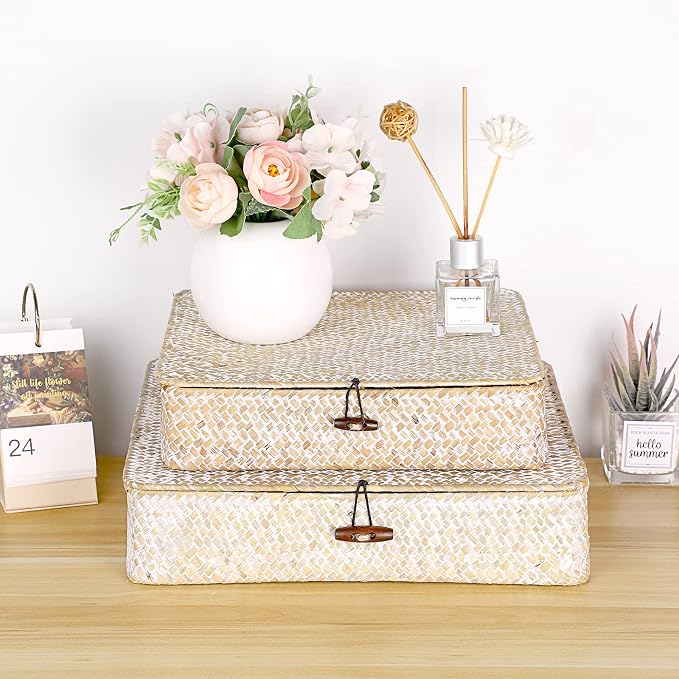 Hipiwe Set of 2 Flat Woven Wicker Storage Bins - Image 2