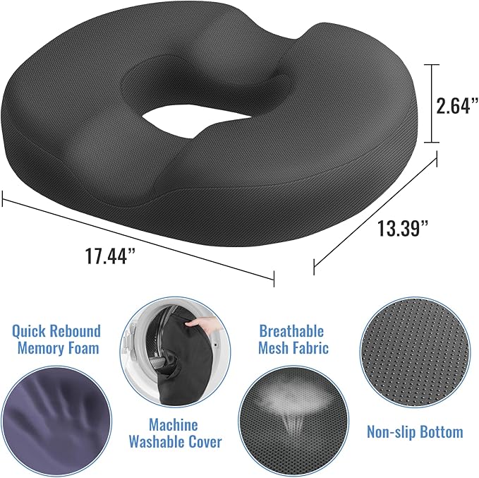 CloudBliss Donut Pillow Seat Cushion for Tailbone Pain Relief and Hemorrhoids, Memory Foam Chair Cushion for Postpartum Pregnancy, Seat Cushions for Men and Women for Home & Office, (Grey)-DeskLoop Office