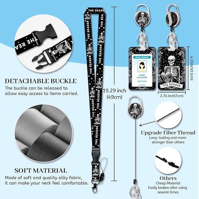 Hancynir Goth Book Lanyards for Id Badges, Funny Skull Skeleton Floral Badge - Image 4