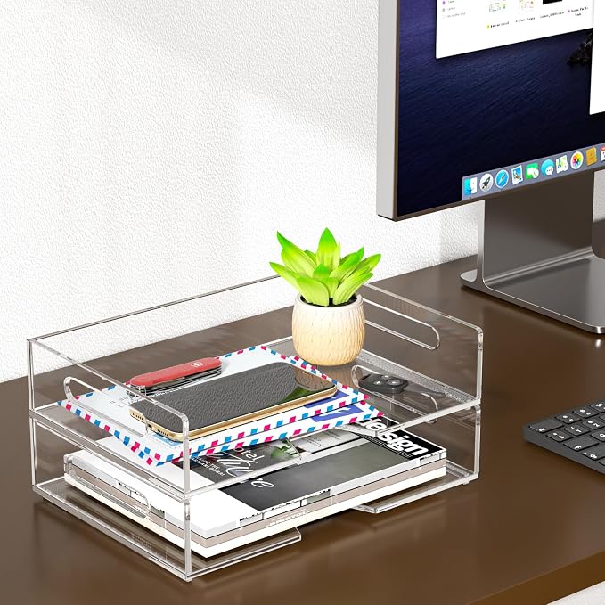 HIIMIEI Acrylic Paper Tray 2 Pack Clear Letter Tray Desk Stackable Organizer - Image 5