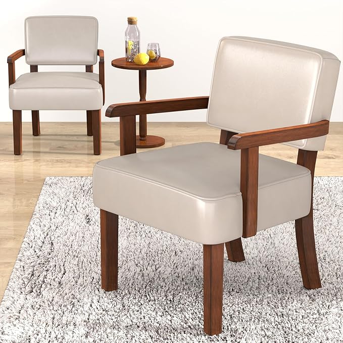 Accent Chair Set of 2 with Table, PU Leather Chair for Living Room Oversized Armchair with Soft Seat and Armrests for Bedroom Dinning Reading Waiting Room (Leather Beige)-DeskLoop Office
