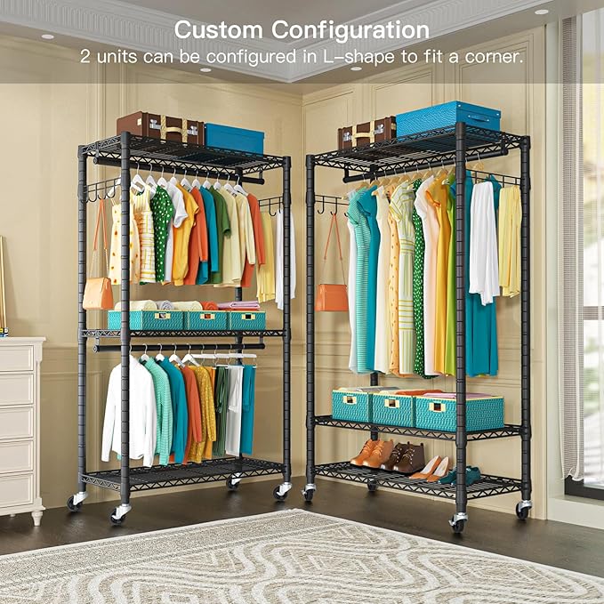 P1 Heavy Duty Garment Rack, 3 Tiers Adjustable Rolling Metal Closet Organizer with Lockable Wheels, FreeStanding Wardrobe with Double Hanger Rods & 1 Pair Hooks, Max Load 450 LBS, Black-DeskLoop Office