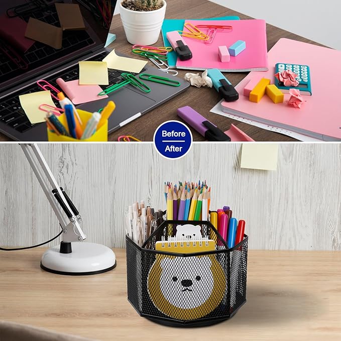 Comix 360° Rotating Pen Holder for Desk, 5 Compartments Office Desk Organizer - Image 5