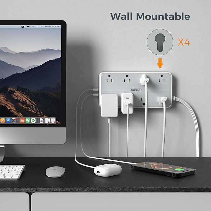Flat Plug 15 FT Extension Cord, TESSAN Surge Protector Power Strip with 8 AC and 3 USB(1USB-C) Ports, 1080J Protection, Wall Mount Widely Spaced Charging Station for Home, Office, School, Dorm Room-DeskLoop Office