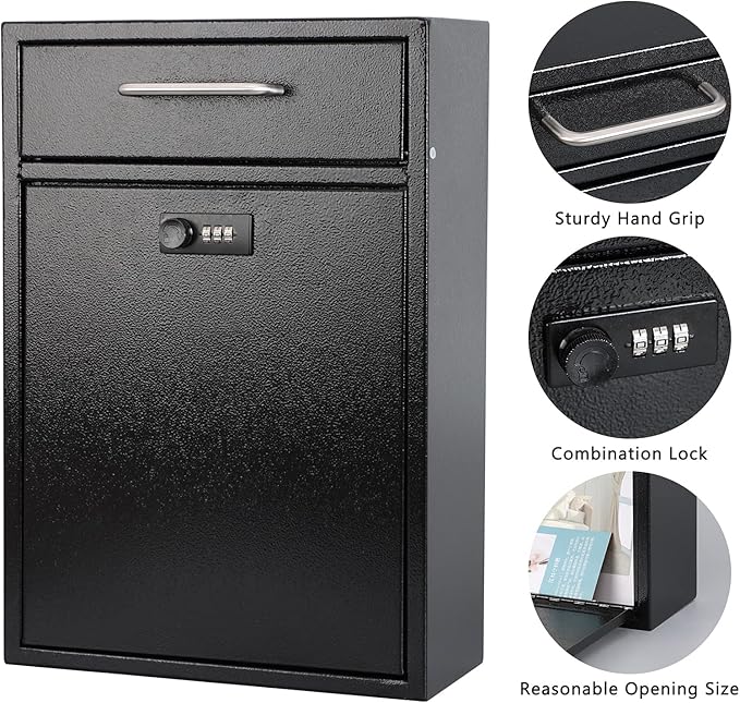 KYODOLED Steel Combination Lock Mail Boxes Outdoor,Locking Wall Mount Mailbox,Security Lock Drop Box,Collection Boxes,16.2H x 11.22L x 4.72W Inches,Black X Large-DeskLoop Office
