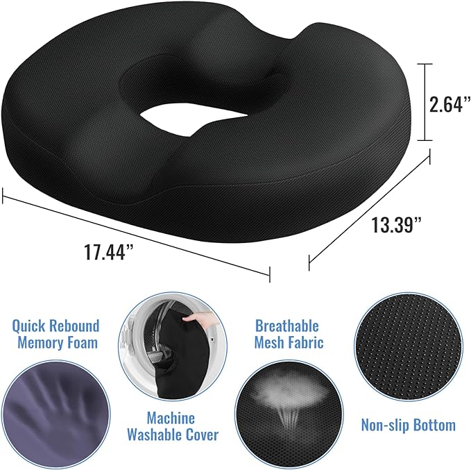 Donut Pillow Seat Cushion Chair Pad for Tailbone Pain Relief and Hemorrhoids, Memory Foam Seat Chair Cushion for Postpartum Pregnancy, Seat Cushions for Men and Women for Home & Office, (Black)-DeskLoop Office