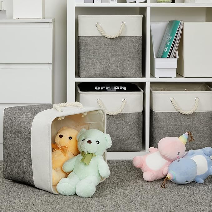 DULLEMELO Cube Storage Bins Set of 4 Fabric Storage Cubes Organizer Bin with Handles, Collapsible 12 Inch Cube Storage Baskets for Organizing, Closet, Shelf, Nursery (White&Grey)-DeskLoop Office