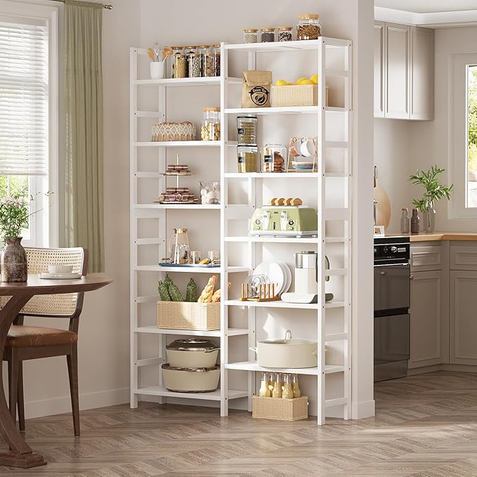 Homykic Double Wide Bamboo Bookshelf White, 6-Tier Large Open Bookcase with 12 Display Shelves, 6ft Tall Freestanding Book Shelf for Home Office, Bedroom, Living Room, Plants-DeskLoop Office