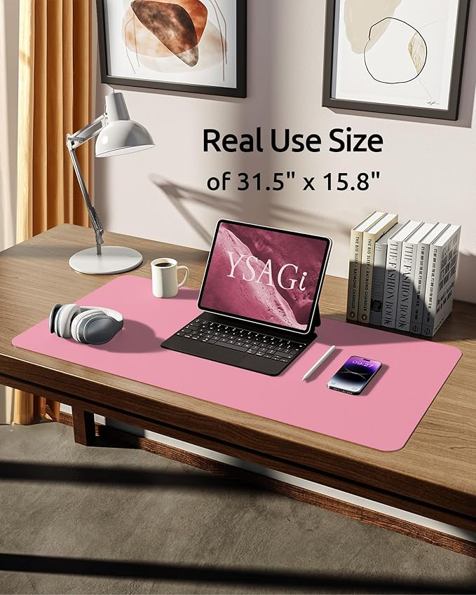 YSAGi Leather Desk Protector, Office Mat, Large Mouse Mat, Non-Slip PU Leather Blotter, Laptop Desk, Waterproof Writing Pad for Office and Home (Pink, 31.5" x 15.8")-DeskLoop Office