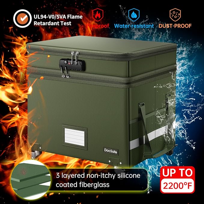 DocSafe File Box with Lock, 2-Layer Fireproof Document Box with Wheels - Image 4