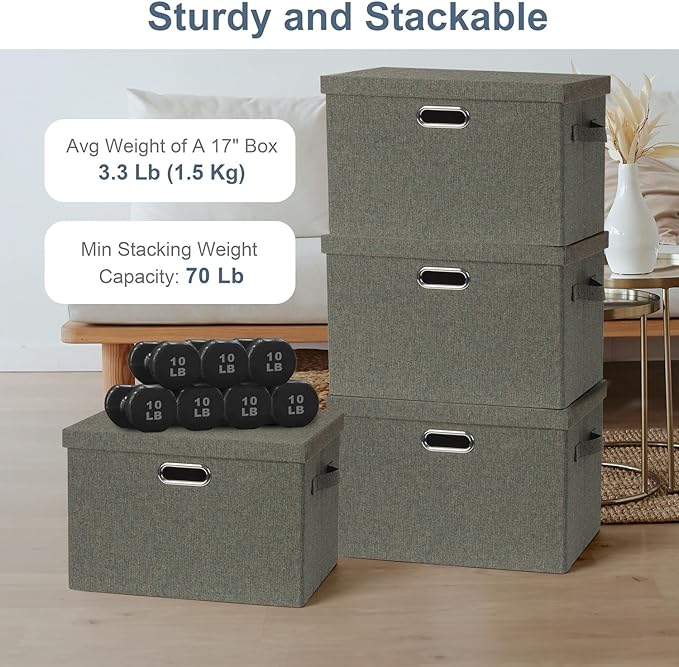 Large 17" 36 Quart Collapsible Stackable Storage Bins with Lids, 3 Packs Dark green Foldable Fabric Closet Storage Boxes with Lids, Heavy-duty Linen Cube Baskets(17x12x11)-DeskLoop Office
