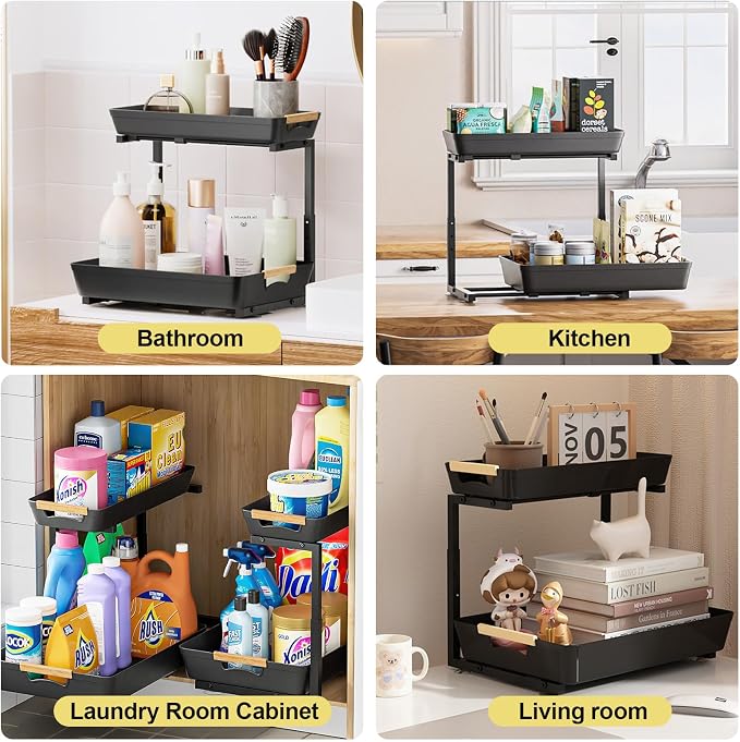 AMEDELE 2 Pack Under Sink Organizer, 2 Tier Pull Out Adjustable Height Under - Image 4