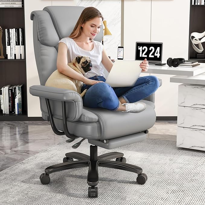 GYI Criss Cross Chair with Wheels, 160°Big and Tall Reclining Office Desk Chair with High Back, Wide Seat, Arms, Footrest, Grey-DeskLoop Office