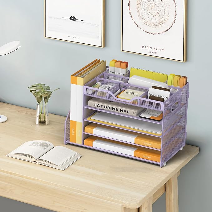 5 Tier Paper Letter Tray with File Holder and 3 Drop-in Pen Holders, Mesh Desk - Image 6