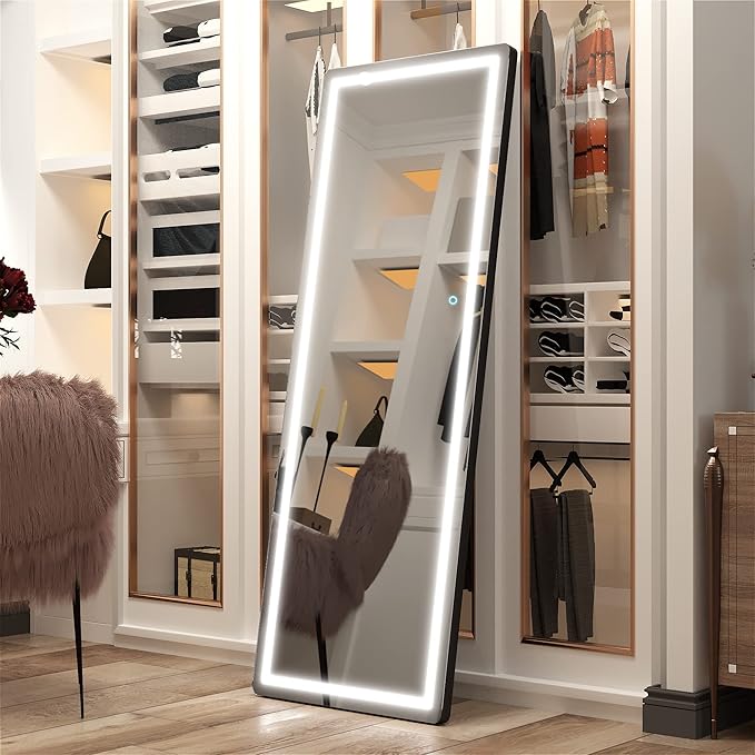 Hasipu Full Length Mirror with Lights, 65" x 22" LED Floor Mirror, Full Body Dressing Standing, Hanging Mounted Mirror for Living Room Bedroom Cloakroom, Round Black-DeskLoop Office
