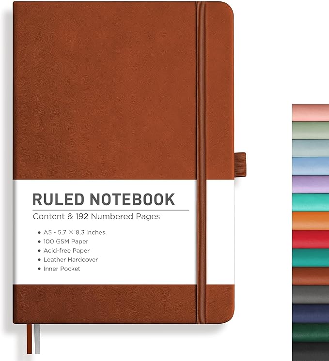 RETTACY Lined Journal Notebook, 192 Numbered Pages, A5 Medium Size (5.7'' x 8.3''), for Men & Women, Journaling, Writing, Work & Office, Leather Hardcover, 100 GSM Thick Paper (Brown)-DeskLoop Office