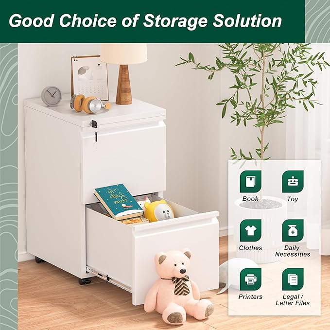 Superday 2 Drawer File Cabinet, Metal Rolling Filing Cabinet with Lock, Small File Cabinets with 2 Drawer, Filing Cabinets for Home Office Fit A4/Letter/Legal, Easy Assemble, White-DeskLoop Office