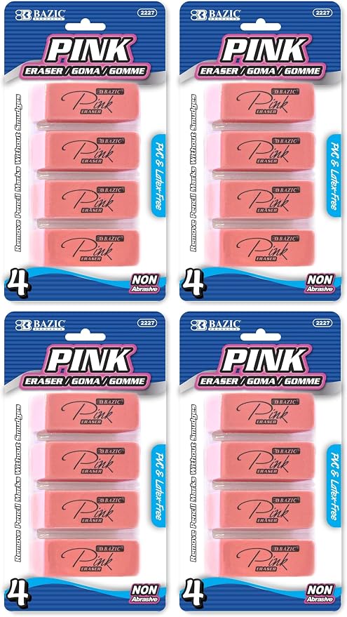 BAZIC Products Pink Eraser, Latex Free Bevel Block Erasers, Large Size by BAZICProducts
