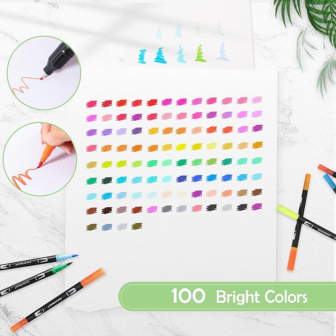 nauets 100 Colors Brush & Fine Dual Tip Watercolor Markers Set for Kids Adults Coloring Books No Bleeding Paint Pens For Drawing Note taking Planner Calligraphy Journaling Card Making Art Supplies-DeskLoop Office
