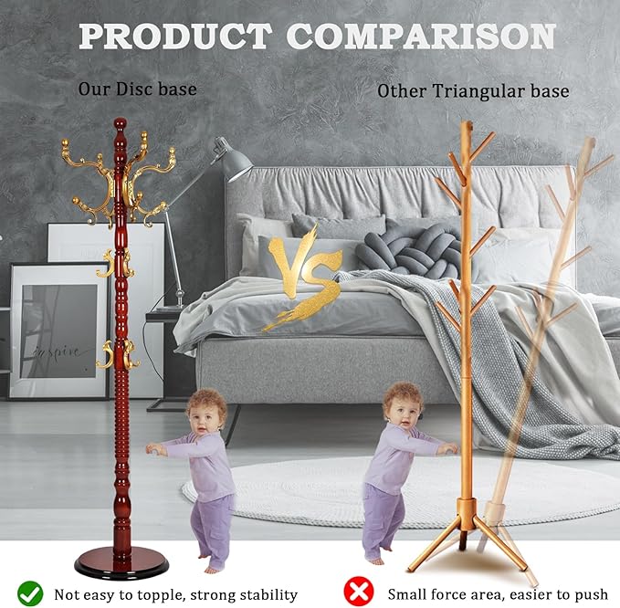 Coat Racks Free Standing with 14 Hooks, Natural Wood Coat Rack with Solid Round Base, Adjustable Height Coat Racks, Easy Assembly for Hallway, Bedroom and Office (Begonia color)-DeskLoop Office