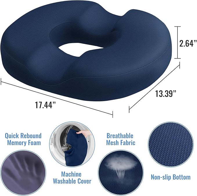 CloudBliss Donut Pillow Seat Cushion for Tailbone Pain Relief and Hemorrhoids, Memory Foam Chair Cushion for Postpartum Pregnancy, Seat Cushions for Men and Women for Home & Office, (Blue)-DeskLoop Office
