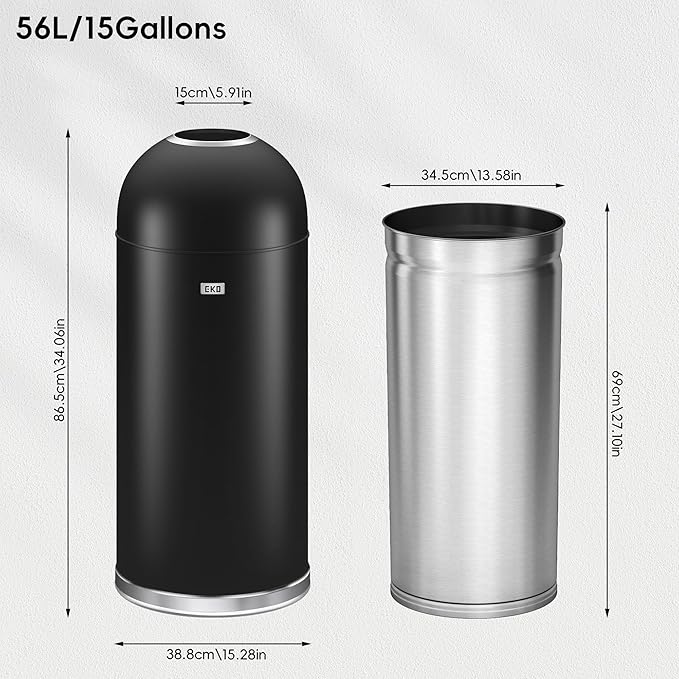 EKO Eternal 56L/15 Gallon Large Capacity Tall Commercial Trash Can, Round Open Top Waste Bin for Indoor and Outdoor, Black Steel Heavy-Duty, Durable Metal Garbage Bin for Home, Office, Restaurant-DeskLoop Office
