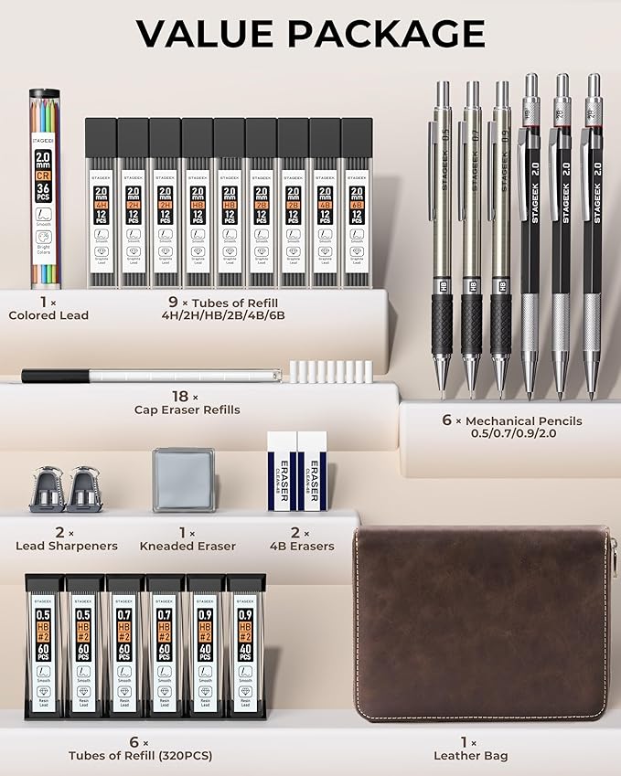 30PCS Art Mechanical Pencil Set with Leather Bag, Metal Artist Lead Pencil 0.5, 0.7, 0.9 mm, 3PCS 2mm Sketching Pencil (4H 2H HB 2B 4B 6B Color) with 464PCS Graphite Lead Refills for Drawing