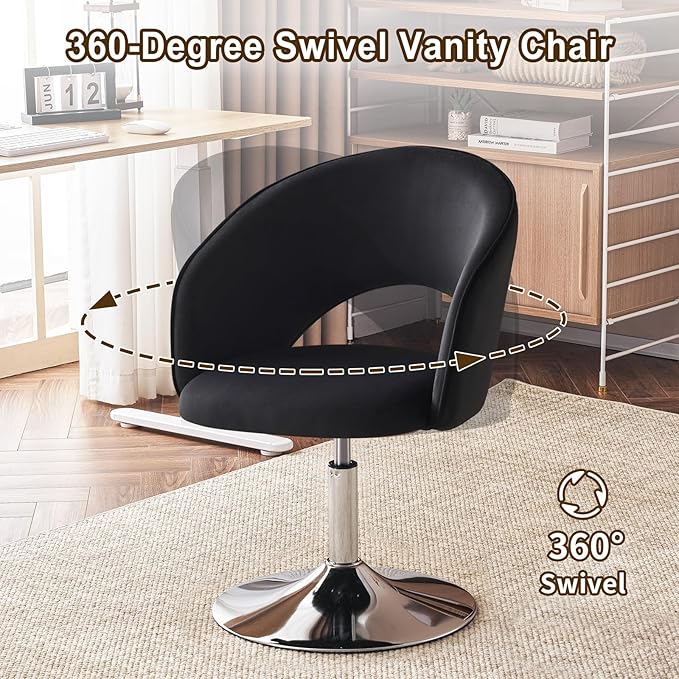 Furnimart Adjustable Black Vanity Chair with Back, Velvet Makeup Chair Swivel Accent Chair with Chrome Frame Hollow Backrest, Side Chair for Living Room, Makeup Room, Bedroom (Black)-DeskLoop Office