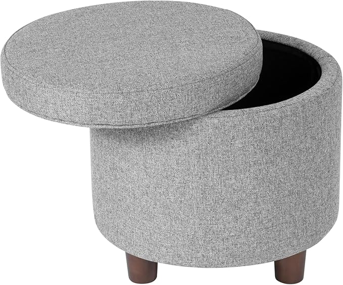 Homepop Home Decor | Upholstered Round Storage Ottoman | Ottoman with Storage for Living Room & Bedroom, Light Gray Tweed-DeskLoop Office