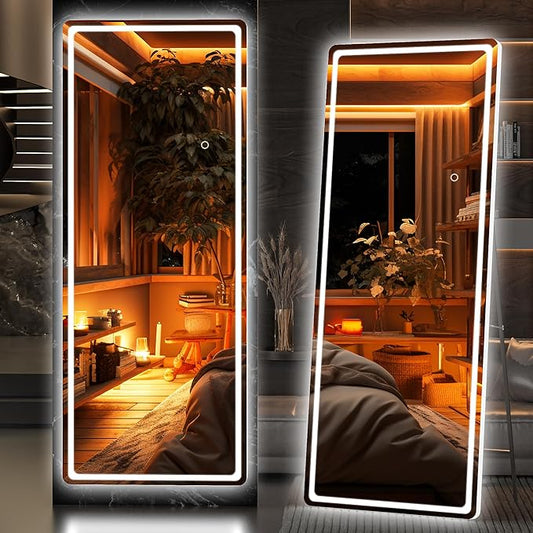 Hasipu Full Length Mirror with Lights, 61" x 22" LED Floor Mirror, Full Body Dressing Standing, Hanging Mounted Mirror for Living Room Bedroom Cloakroom, Round White-DeskLoop Office