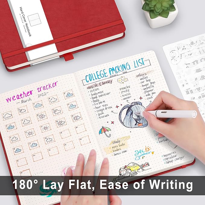 AHGXG Bullet Dotted Journal - 320 Numbered Pages Dot Grid Notebook A5 Thick Journal, 100gsm Thick Dotted Paper, Leather Hardcover,Inner Pocket, 5.75'' × 8.38'' - Red-DeskLoop Office